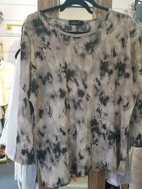 Tie-Dye Floral Long Sleeve Tunic - Neutral Beige/Gray